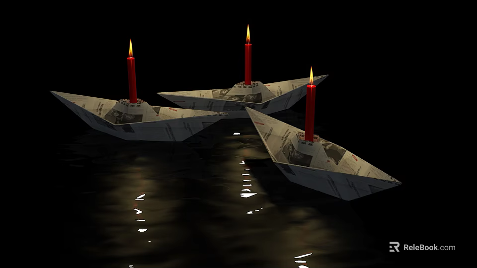 Three Paper Boats With Lit Red Candles Floating On Water Surface With Reflections 3d model 