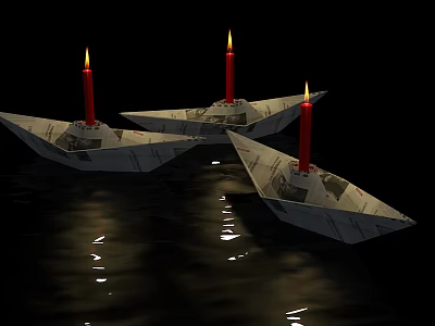 Three Paper Boats With Lit Red Candles Floating On Water Surface With Reflections 3d model