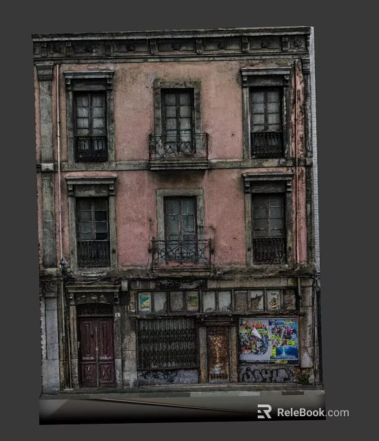 Cartoon Scene of Old Building with Pink Walls Vintage Windows Wooden Door and Colorful Graffiti 3d model 