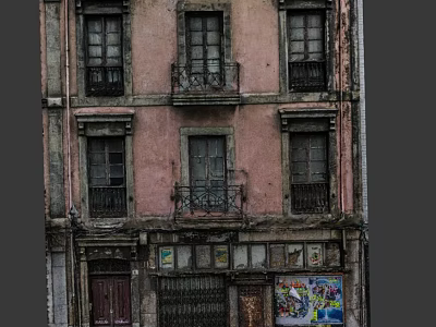 Cartoon Scene of Old Building with Pink Walls Vintage Windows Wooden Door and Colorful Graffiti 3d model