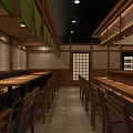 Japanese Restaurant Interior With Wooden Structure Long Dining Table And Circular Lattice Window