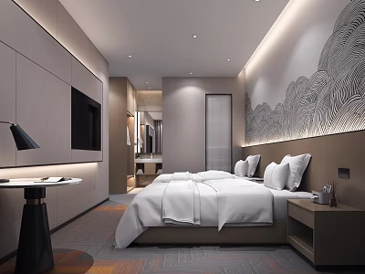 Modern Hotel Room Interior Design With King Bed White Linens And Mountain Pattern Wallpaper 3d model