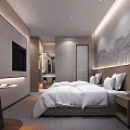 Modern Hotel Room Interior Design With King Bed White Linens And Mountain Pattern Wallpaper