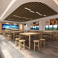 Modern Public Lounge Interior With White Tables Blue Stools Large Windows And Geometric Carpet