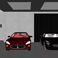 Modern Garage Interior With Two Red And Black Sports Cars And Stylish Lighting