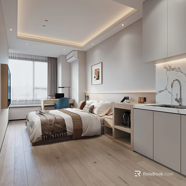 Modern Apartment Interior With Bedroom Kitchen Desk And Large Windows 3d model