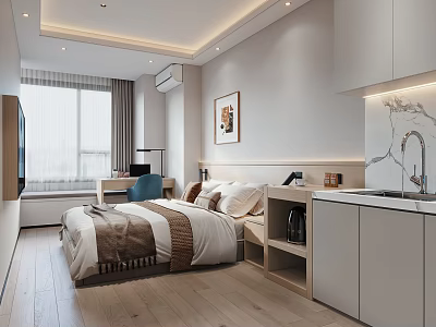 Modern Apartment Interior With Bedroom Kitchen Desk And Large Windows 3d model