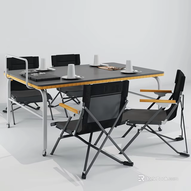 Folding Table And Chair Set With Black Tabletop Yellow Edges And Metal Legs 3d model 