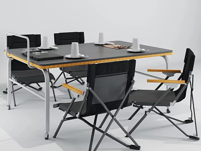 Folding Table And Chair Set With Black Tabletop Yellow Edges And Metal Legs 3d model