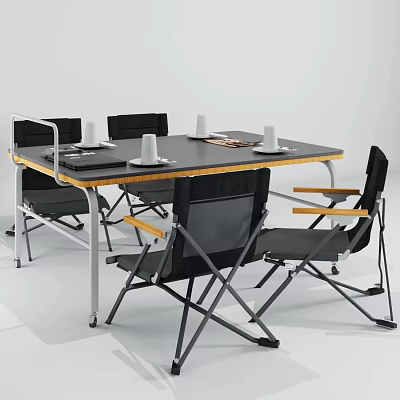 Folding Table And Chair Set With Black Tabletop Yellow Edges And Metal Legs 3d model