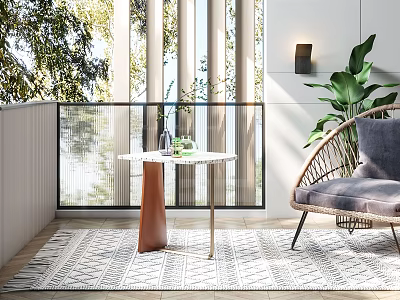 Stylish Side Table in Bright Balcony with Wicker Chair Rug Tree and Plant 3d model
