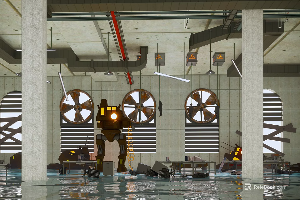 Cartoon Robot in Industrial Scene with Large Fans Water and Equipment 3d model 
