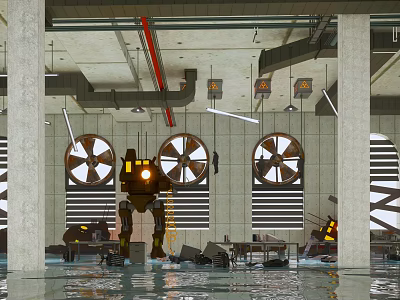 Cartoon Robot in Industrial Scene with Large Fans Water and Equipment 3d model