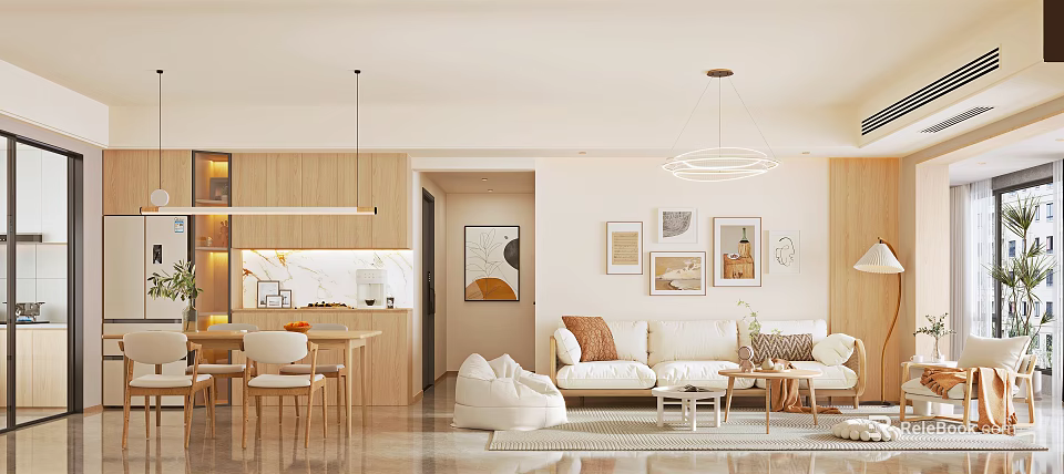 Modern Open Living Dining Space With White Sofa Dining Table Chairs Wall Art And Pendant Lights 3d model 