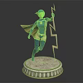 Blue Helmeted Female Superhero Standing On Circular Stone Pedestal With Lightning Weapon And Gold Symbol