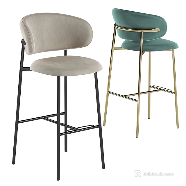 Modern Beige and Teal Bar Stools with Metal Legs and Padded Seats 3d model 