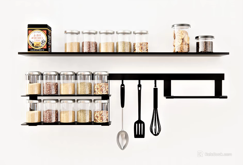 Modern Kitchen Shelves With Ceramic Jars Storing Grains Beans And Hanging Utensils 3d model 