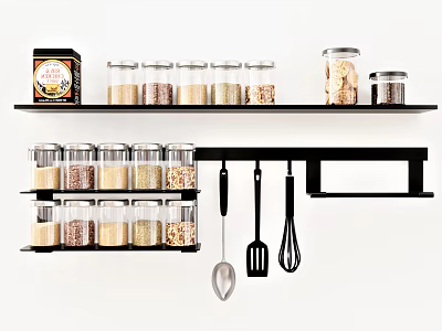 Modern Kitchen Shelves With Ceramic Jars Storing Grains Beans And Hanging Utensils 3d model