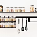 Modern Kitchen Shelves With Ceramic Jars Storing Grains Beans And Hanging Utensils