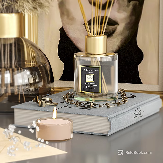 Elegant Perfume Display With Reed Diffuser Candle Book And Chain 3d model 