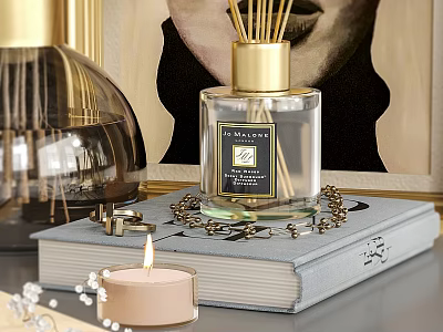 Elegant Perfume Display With Reed Diffuser Candle Book And Chain 3d model