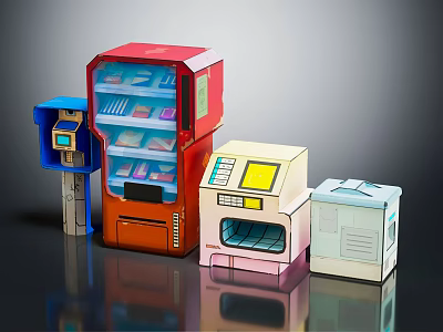 Diverse Colorful Commercial Equipment Featuring Vending Machines Cash Registers And Kiosks 3d model