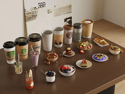 Wooden Table With Various Coffee Cups Drinks Desserts And Fresh Fruits 3d model