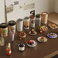 Wooden Table With Various Coffee Cups Drinks Desserts And Fresh Fruits