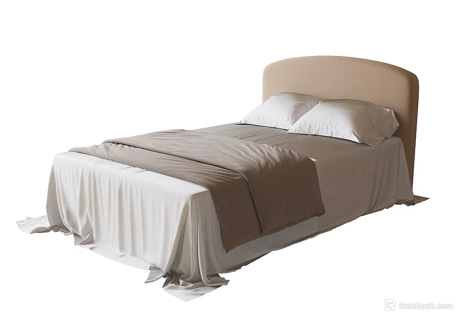 Kids Bed With Beige Headboard White Sheets Brown Blanket And Two Pillows 3d model 