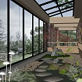 Modern Villa Balcony With Glass Roof Large Windows Green Plants Stone Path And Outdoor View
