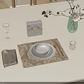 Elegant Dining Table Setting With White Bowl Plates Gold Placemat Wine Glass Green Vase And Napkin