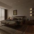 Minimalist Bedroom Interior With Bed Framed Painting Wooden Wardrobe Nightstands Table Lamp Rug And Curtains