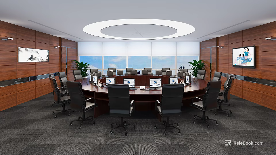 Modern Conference Room With Round Table Black Office Chairs Large Windows And Wooden Panels 3d model 