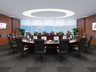 Modern Conference Room With Round Table Black Office Chairs Large Windows And Wooden Panels 3d model