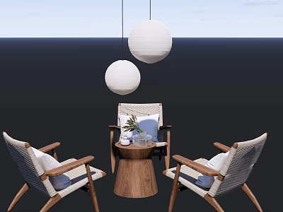 Cozy Wicker Chairs And Wooden Round Table Set With White Pendant Lights And Green Plant 3d model