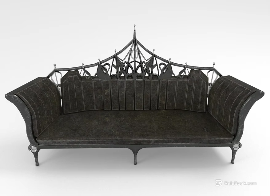 Vintage Multi Person Sofa With Iron Frame Ornate Backrest Curved Arms And Dark Fabric 3d model 