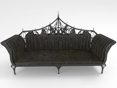 Vintage Multi Person Sofa With Iron Frame Ornate Backrest Curved Arms And Dark Fabric 3d model