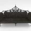 Vintage Multi Person Sofa With Iron Frame Ornate Backrest Curved Arms And Dark Fabric