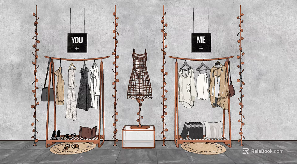 Clothing Racks With Hanging Clothes Bags Shoes And Decorative Vines On Gray Wall 3d model 