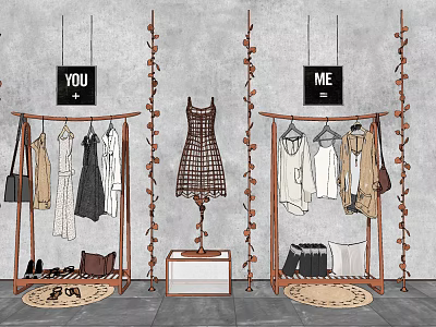Clothing Racks With Hanging Clothes Bags Shoes And Decorative Vines On Gray Wall 3d model