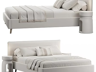 White Minimalist Double Bed With Soft Bed Sheets And Matching Nightstand 3d model