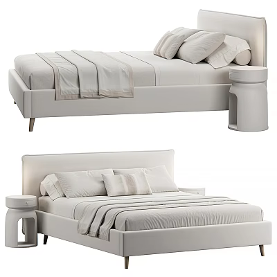 White Minimalist Double Bed With Soft Bed Sheets And Matching Nightstand 3d model
