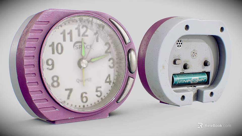Purple Alarm Clock Disassembled Front Dial With Back Battery Compartment And Battery 3d model 