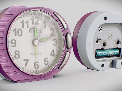 Purple Alarm Clock Disassembled Front Dial With Back Battery Compartment And Battery 3d model