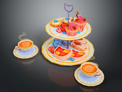 Delicious Assorted Desserts On Three Tiered Stand With Teacups Fresh Fruits And Sandwiches 3d model