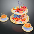 Delicious Assorted Desserts On Three Tiered Stand With Teacups Fresh Fruits And Sandwiches