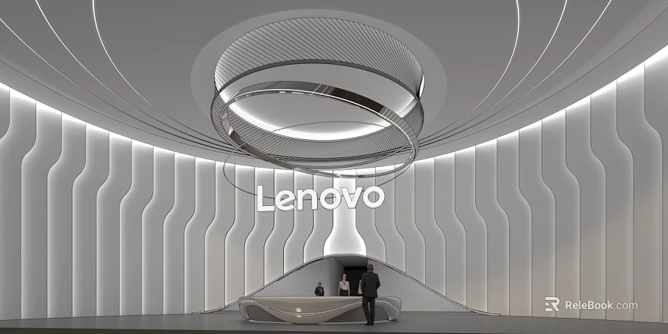 Modern Lenovo Service Hall Featuring Curved Walls Circular Ceiling Lights Front Desk And People Around 3d model 