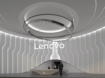 Modern Lenovo Service Hall Featuring Curved Walls Circular Ceiling Lights Front Desk And People Around 3d model