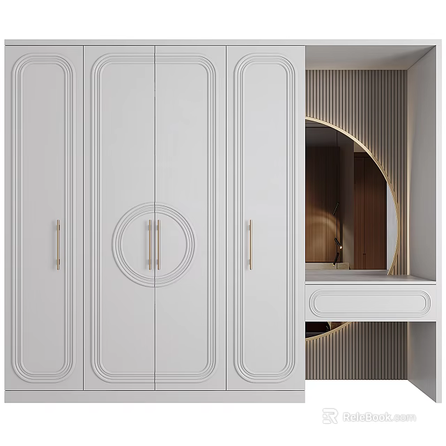 Elegant Modern White Wardrobe with Gold Handles and Circular Design Elements 3d model 