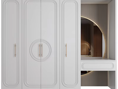 Elegant Modern White Wardrobe with Gold Handles and Circular Design Elements 3d model